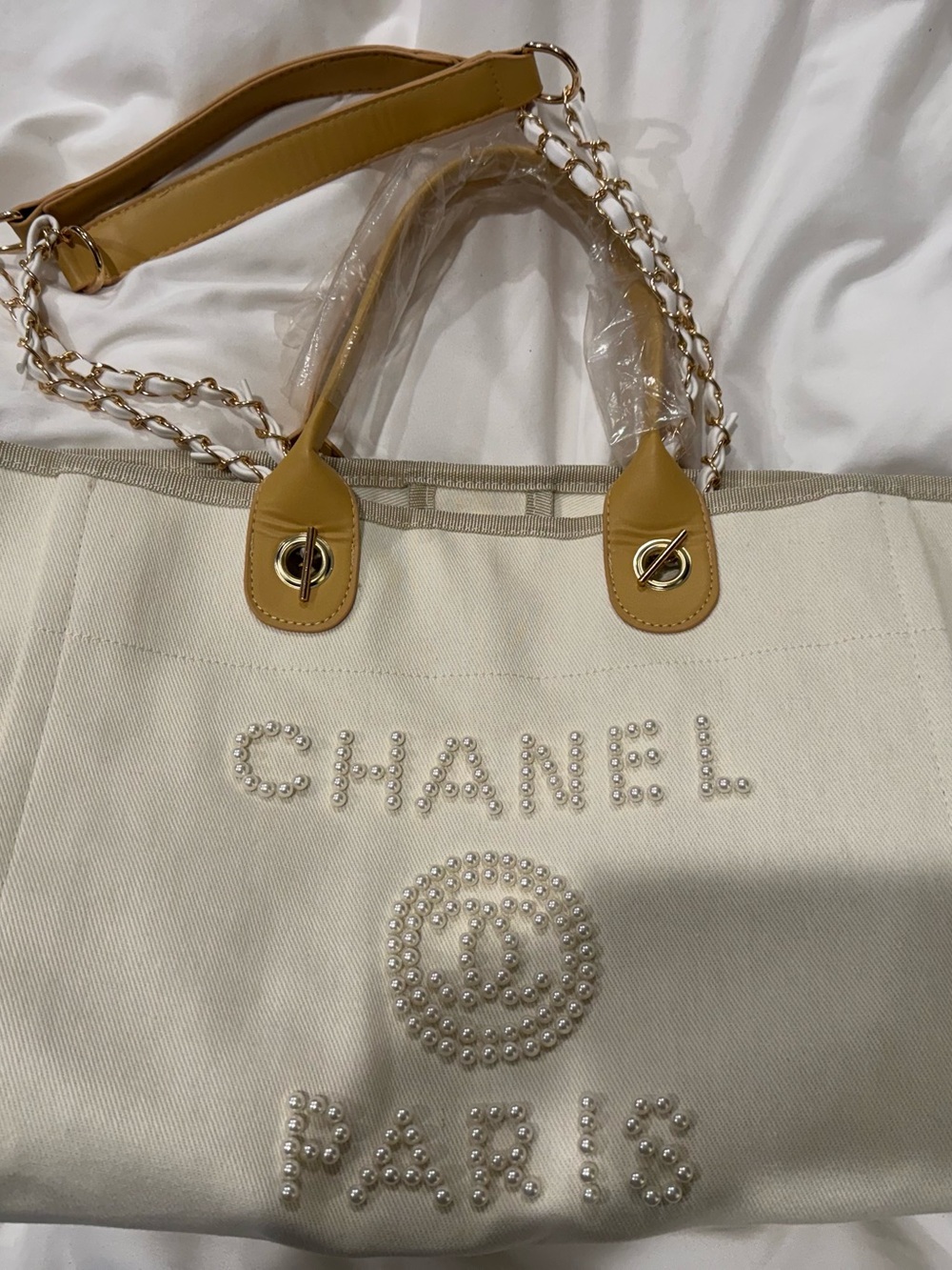 GWP CHANEL Cream Canvas Tote with Tan Trim and Pearl Logo